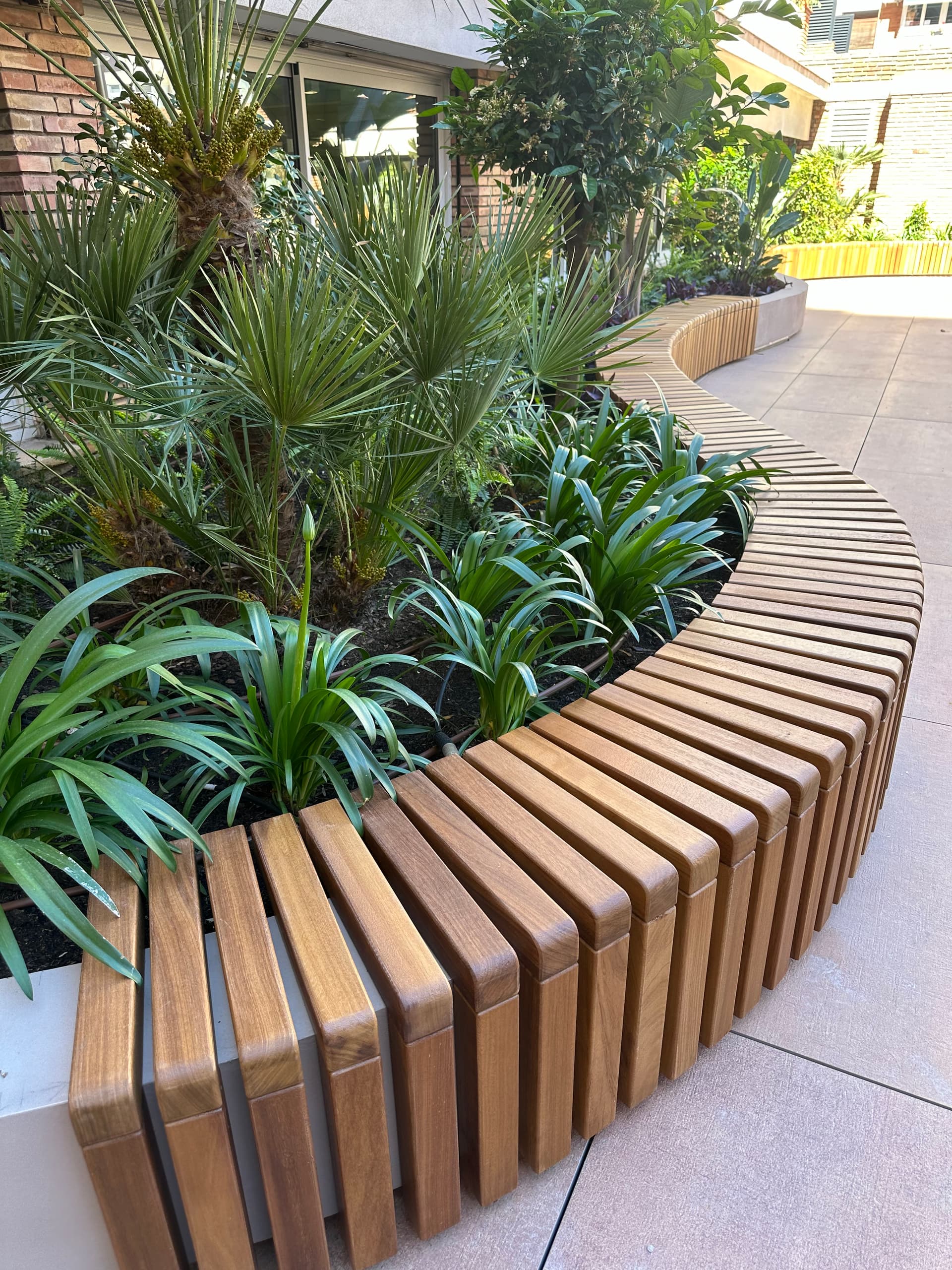 Plantación mediterránea con jardineras y vegetación ornamental